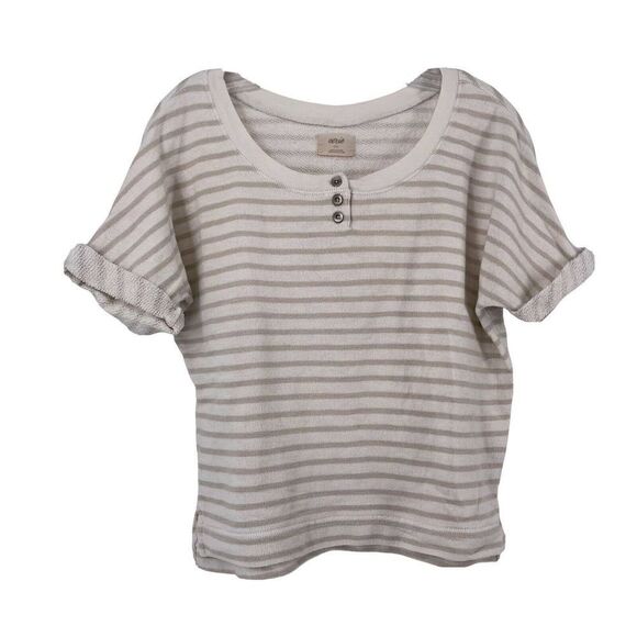 Aerie Short Sleeve Knit Sweatshirt Top Gray Striped Terry Cuff Scoop Neck XS Top - Picture 1 of 7